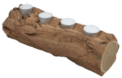 Dřevěný svícen podélný na čtyři čajové svíčky cca 30x10cm s kůrou